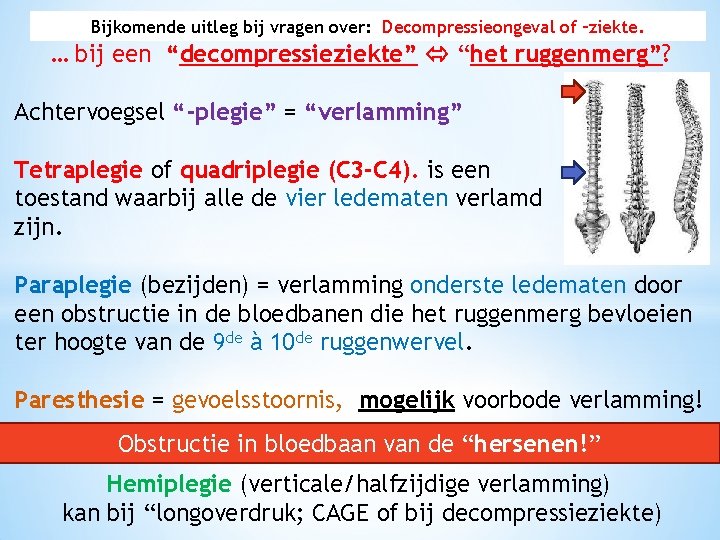 Bijkomende uitleg bij vragen over: Decompressieongeval of –ziekte. … bij een “decompressieziekte” “het ruggenmerg”?