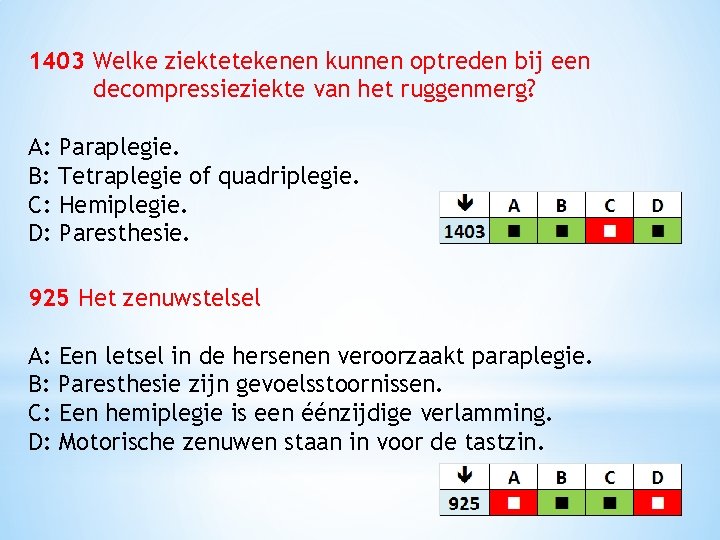 1403 Welke ziektetekenen kunnen optreden bij een decompressieziekte van het ruggenmerg? A: Paraplegie. B: