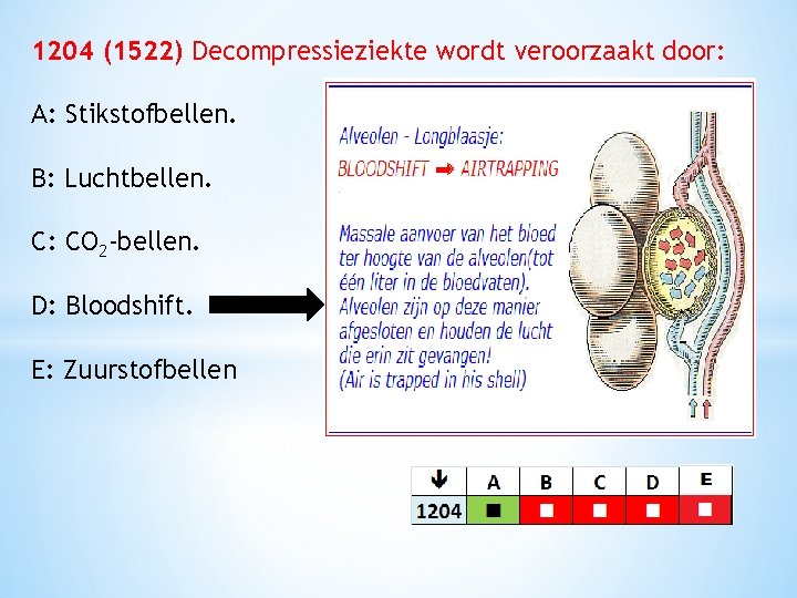  1204 (1522) Decompressieziekte wordt veroorzaakt door: A: Stikstofbellen. B: Luchtbellen. C: CO 2