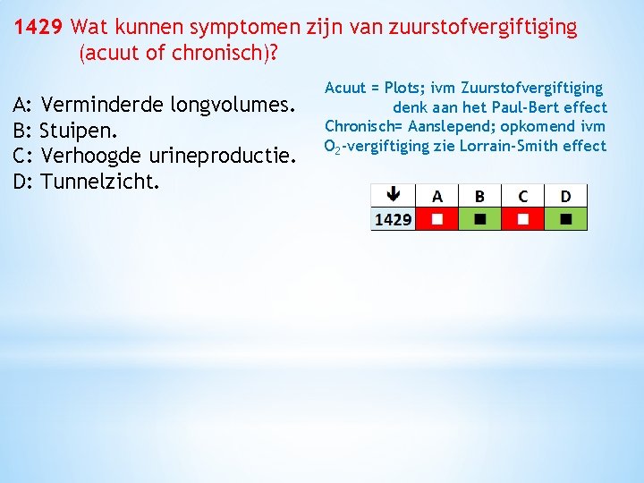 1429 Wat kunnen symptomen zijn van zuurstofvergiftiging (acuut of chronisch)? A: Verminderde longvolumes. B: