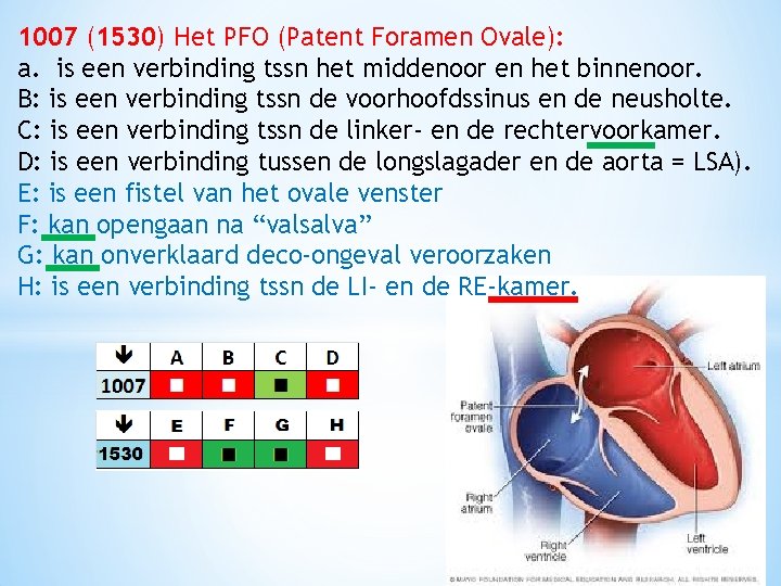 1007 (1530) Het PFO (Patent Foramen Ovale): a. is een verbinding tssn het middenoor