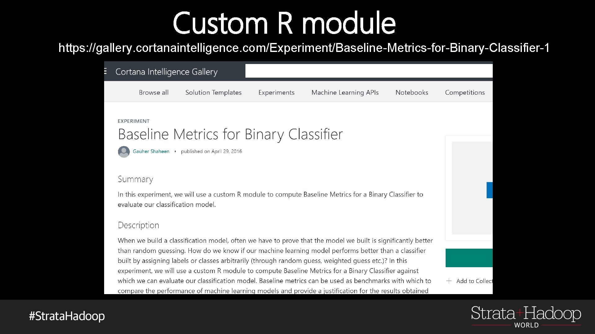 Custom R module https: //gallery. cortanaintelligence. com/Experiment/Baseline-Metrics-for-Binary-Classifier-1 