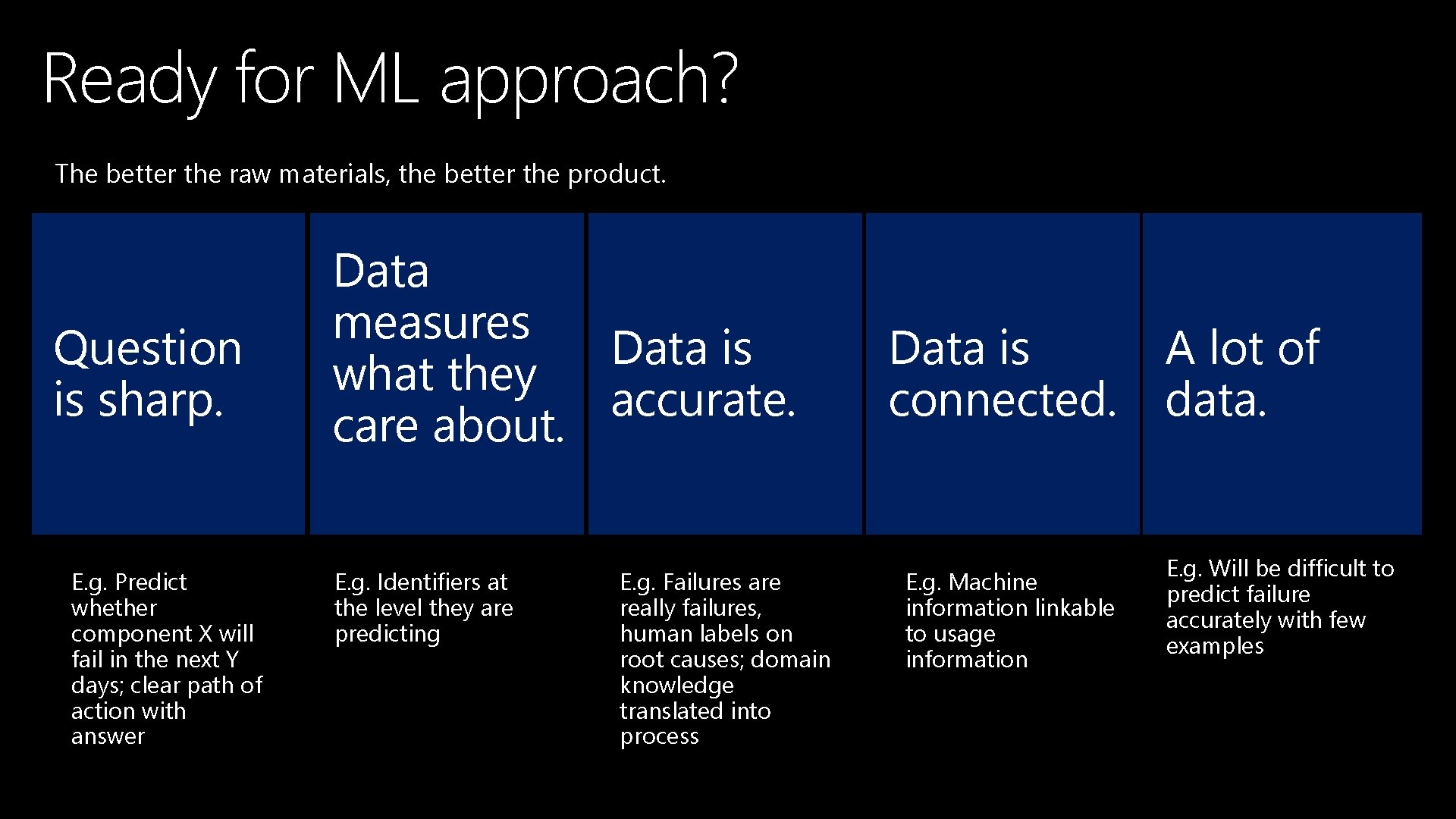Ready for ML approach? The better the raw materials, the better the product. Question