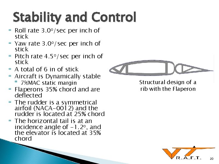 Stability and Control Roll rate 3. 0 o/sec per inch of stick Yaw rate