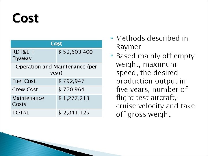 Cost RDT&E + Flyaway $ 52, 603, 400 Operation and Maintenance (per year) Fuel