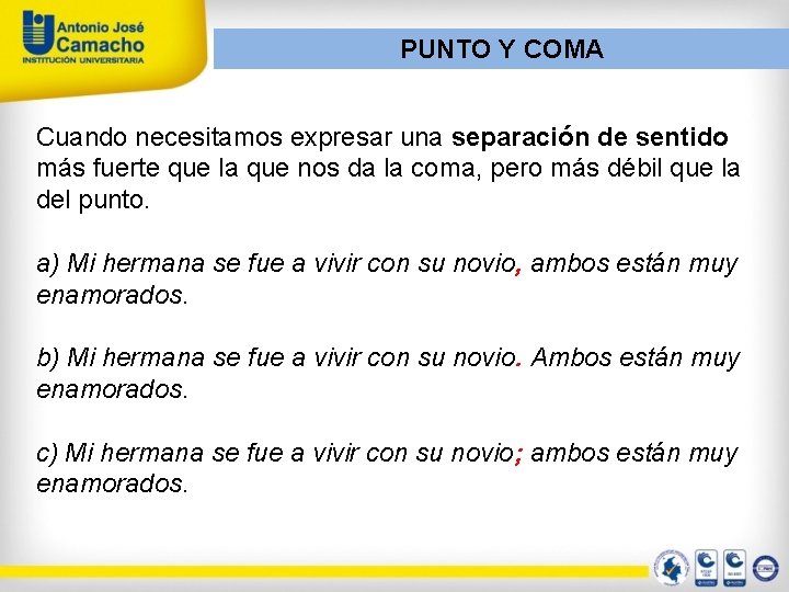 PUNTO Y COMA Cuando necesitamos expresar una separación de sentido más fuerte que la