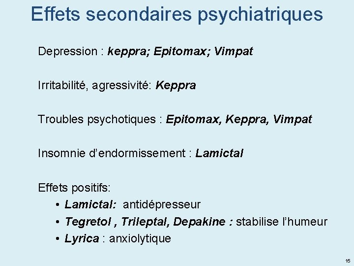 Effets secondaires psychiatriques Depression : keppra; Epitomax; Vimpat Irritabilité, agressivité: Keppra Troubles psychotiques :