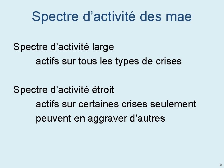 Spectre d’activité des mae Spectre d’activité large actifs sur tous les types de crises