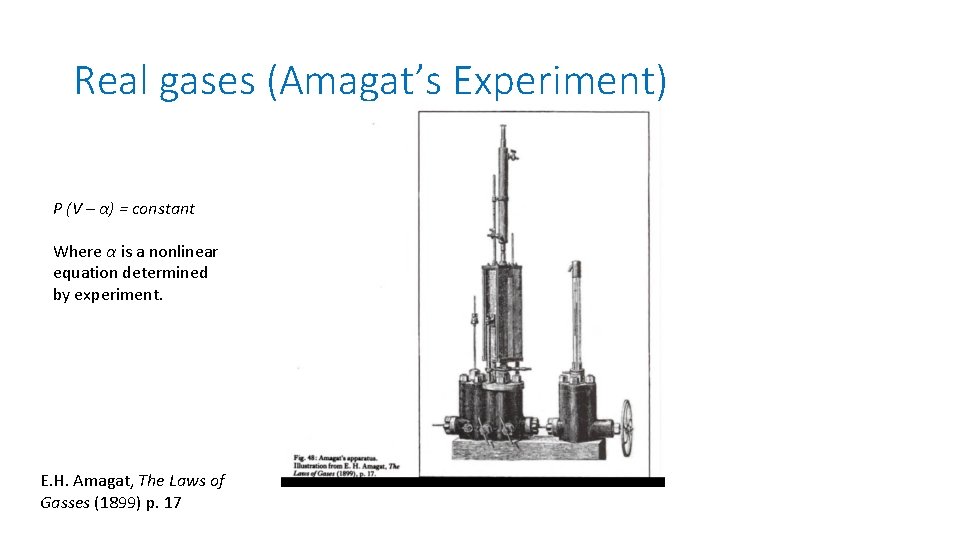 Real gases (Amagat’s Experiment) P (V – α) = constant Where α is a