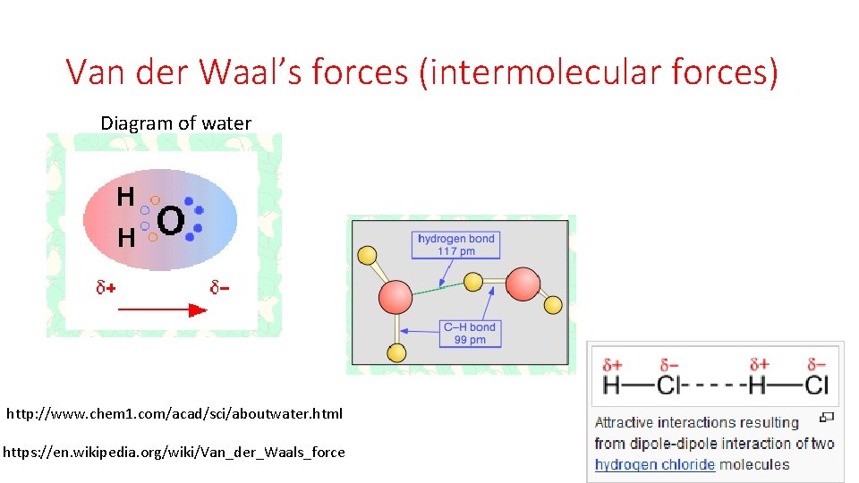 Van der Waal’s forces (intermolecular forces) Diagram of water http: //www. chem 1. com/acad/sci/aboutwater.