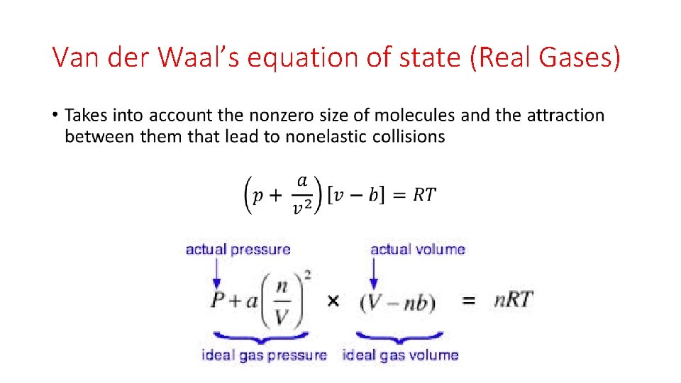 Van der Waal’s equation of state (Real Gases) • 