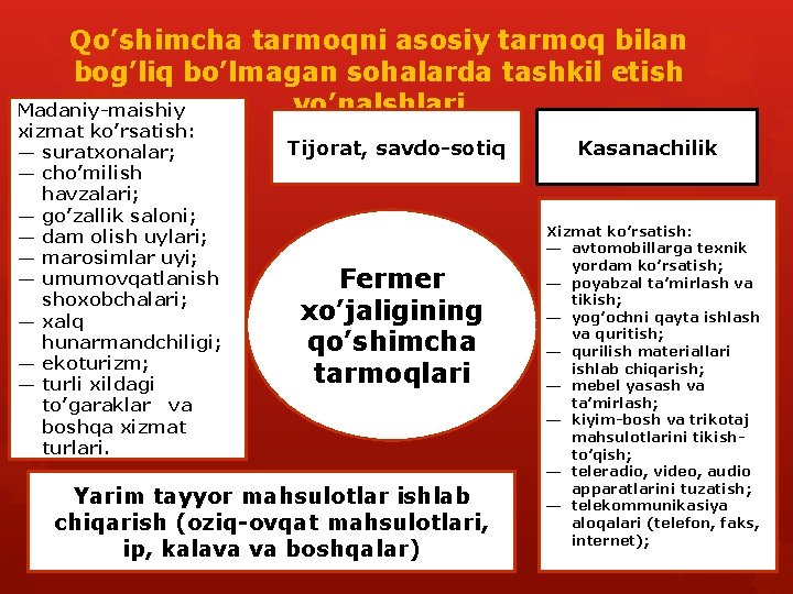 Qo’shimcha tarmoqni asosiy tarmoq bilan bog’liq bo’lmagan sohalarda tashkil etish yo’nalshlari Madaniy-maishiy xizmat ko’rsatish: