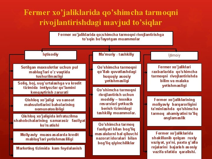 Fermer xo’jaliklarida qo’shimcha tarmoqni rivojlantirishdagi mavjud to’siqlar Fermer xo’jaliklarida qo; shimcha tarmoqni rivojlantirishga to’sqin