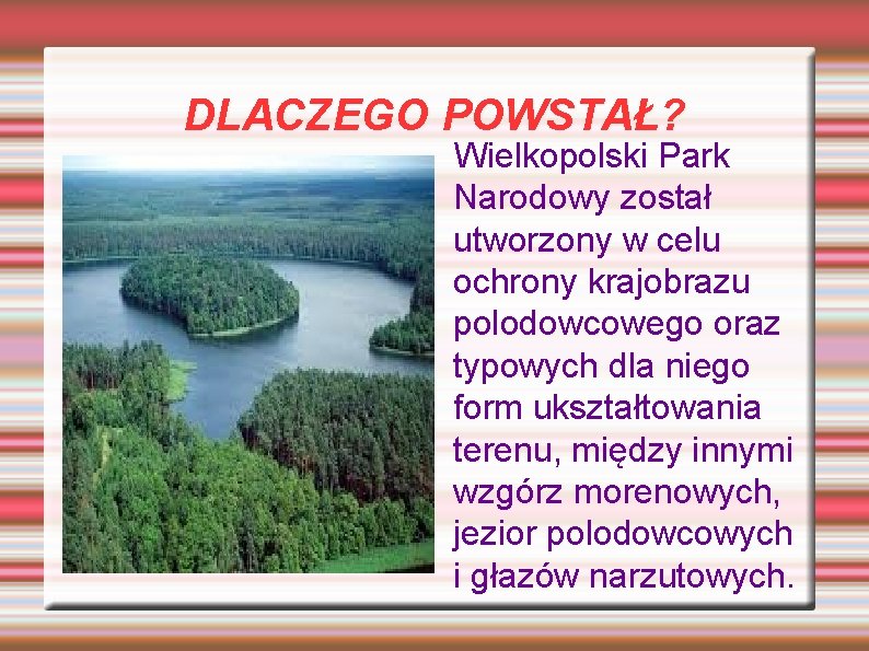 DLACZEGO POWSTAŁ? Wielkopolski Park Narodowy został utworzony w celu ochrony krajobrazu polodowcowego oraz typowych