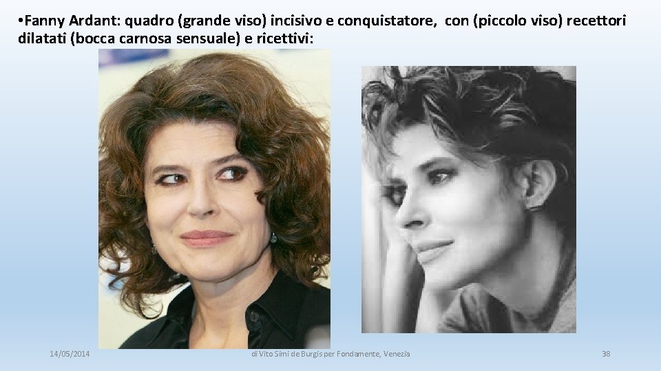 • Fanny Ardant: quadro (grande viso) incisivo e conquistatore, con (piccolo viso) recettori • Fanny Ardant: quadro (grande viso) incisivo e conquistatore, con (piccolo viso) recettori