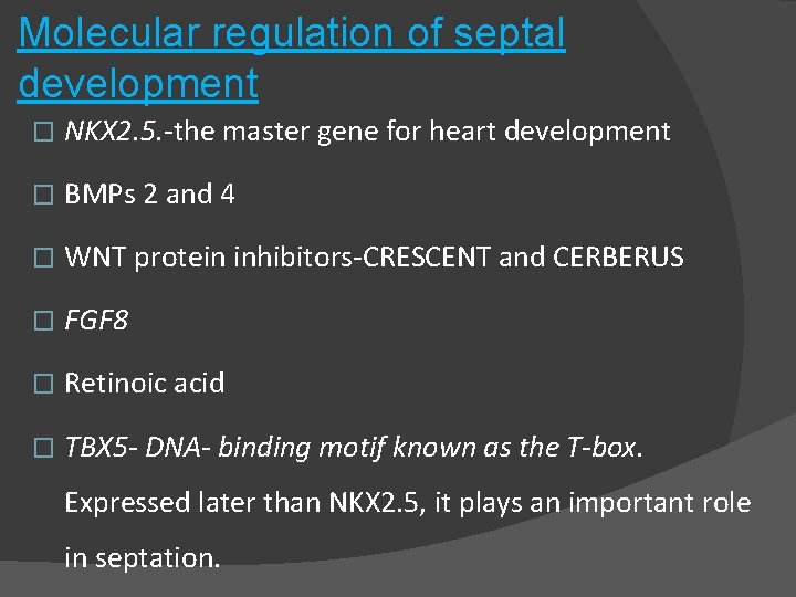 Molecular regulation of septal development � NKX 2. 5. -the master gene for heart