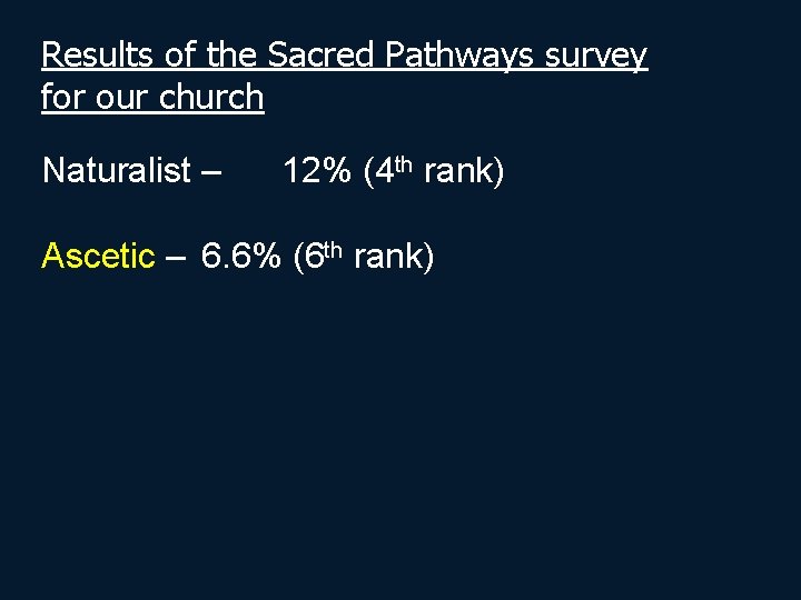 Results of the Sacred Pathways survey for our church Naturalist – 12% (4 th