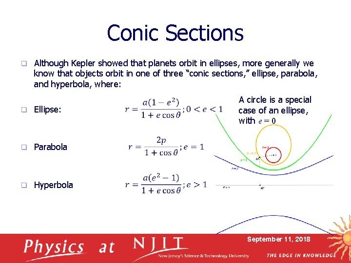 Conic Sections q Although Kepler showed that planets orbit in ellipses, more generally we