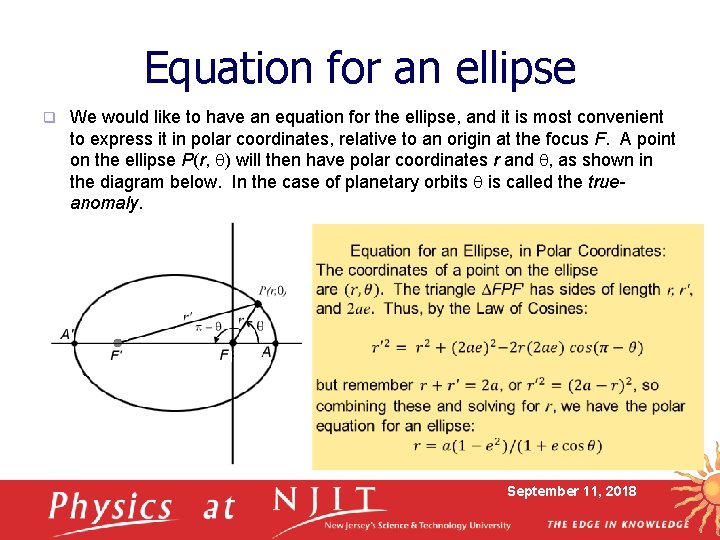 Equation for an ellipse q We would like to have an equation for the