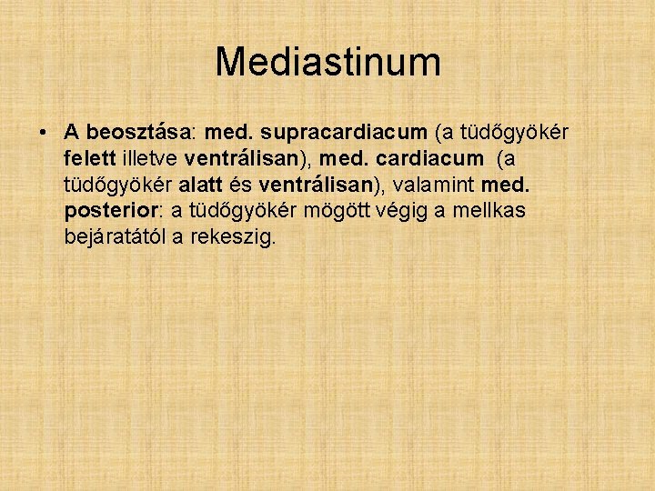 Mediastinum • A beosztása: med. supracardiacum (a tüdőgyökér felett illetve ventrálisan), med. cardiacum (a