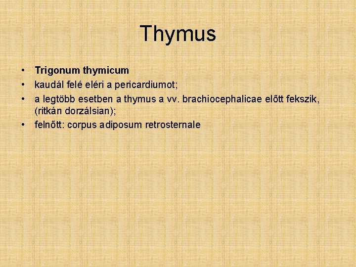 Thymus • Trigonum thymicum • kaudál felé eléri a pericardiumot; • a legtöbb esetben Thymus • Trigonum thymicum • kaudál felé eléri a pericardiumot; • a legtöbb esetben