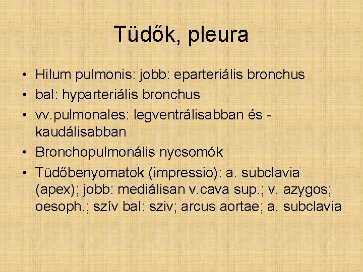 Tüdők, pleura • Hilum pulmonis: jobb: eparteriális bronchus • bal: hyparteriális bronchus • vv.