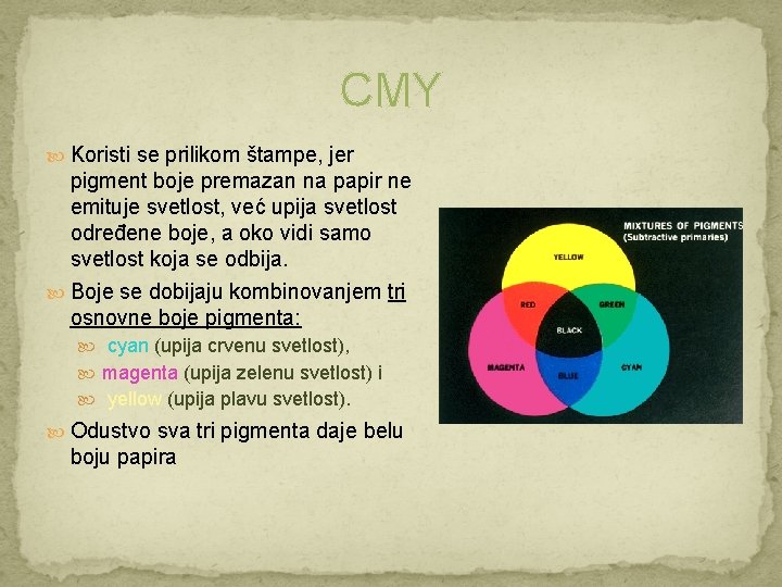 CMY Koristi se prilikom štampe, jer pigment boje premazan na papir ne emituje svetlost,