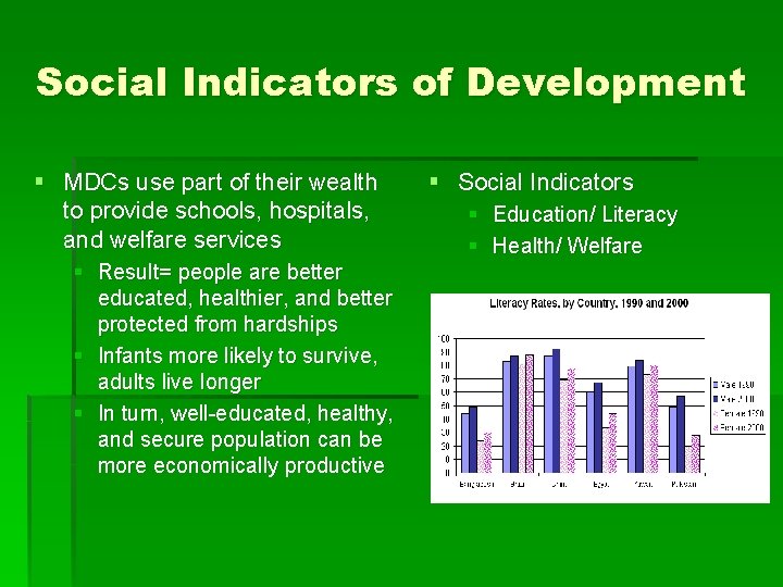 Social Indicators of Development § MDCs use part of their wealth to provide schools,