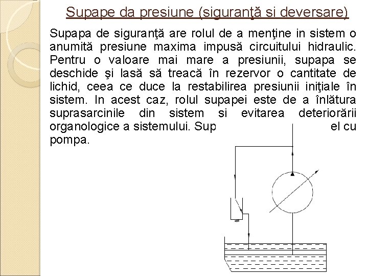 Supape da presiune (siguranţă si deversare) Supapa de siguranţă are rolul de a menţine