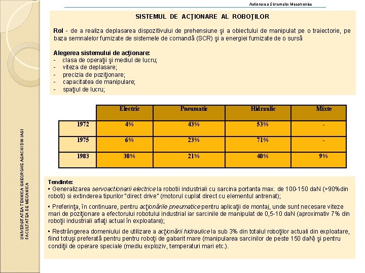 Actionarea Sistemelor Mecatronice SISTEMUL DE ACŢIONARE AL ROBOŢILOR Rol de a realiza deplasarea dispozitivului