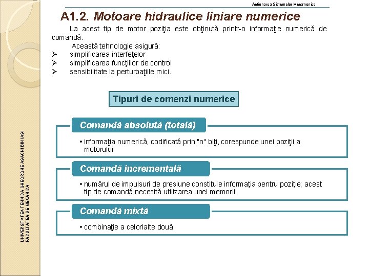 Actionarea Sistemelor Mecatronice A 1. 2. Motoare hidraulice liniare numerice La acest tip de