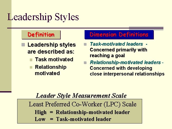 Leadership Styles Definition n Leadership styles are described as: n n Task motivated Relationship