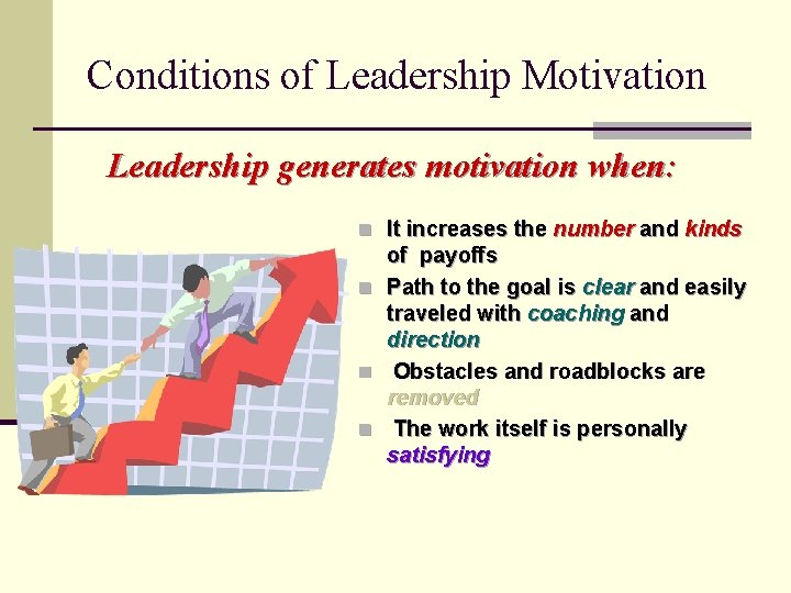 Conditions of Leadership Motivation Leadership generates motivation when: n It increases the number and