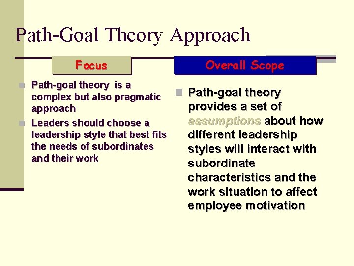 Path-Goal Theory Approach Focus n Path-goal theory is a complex but also pragmatic n