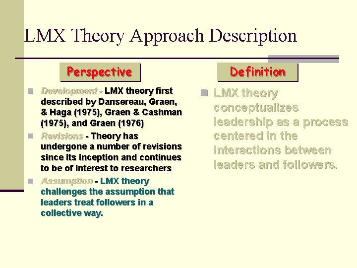 LMX Theory Approach Description Perspective n Development - LMX theory first described by Dansereau,