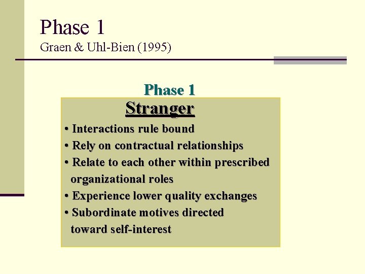 Phase 1 Graen & Uhl-Bien (1995) Phase 1 Stranger • Interactions rule bound •