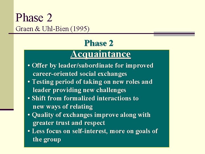 Phase 2 Graen & Uhl-Bien (1995) Phase 2 Acquaintance • Offer by leader/subordinate for