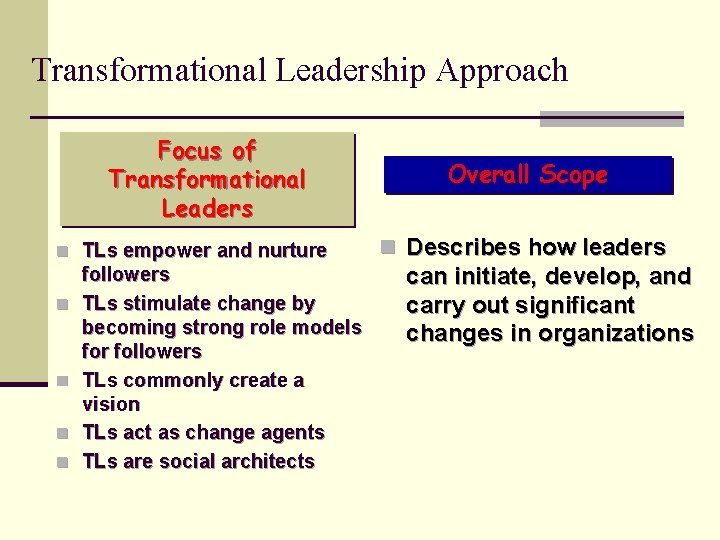 Transformational Leadership Approach Focus of Transformational Leaders n TLs empower and nurture n n