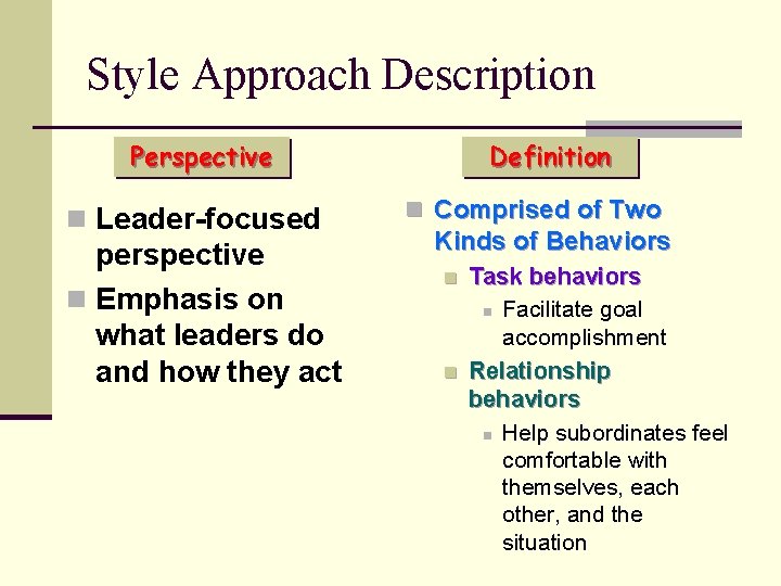 Style Approach Description Perspective n Leader-focused perspective n Emphasis on what leaders do and
