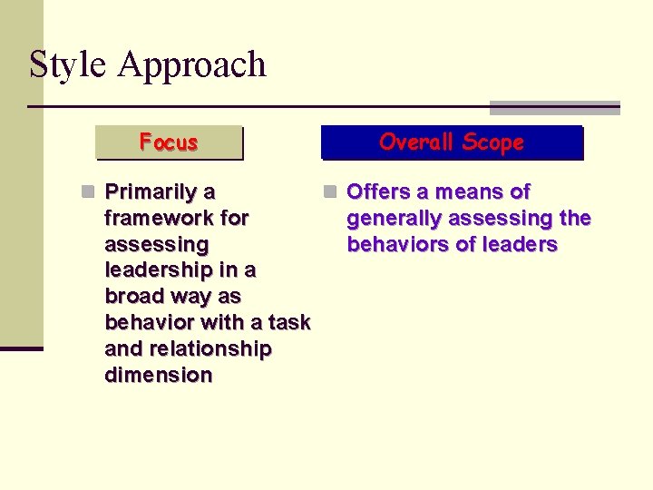 Style Approach Focus n Primarily a framework for assessing leadership in a broad way