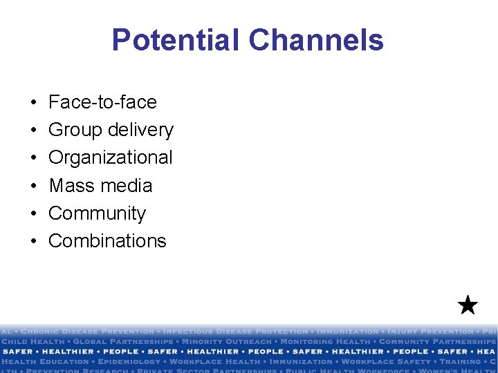 Potential Channels • • • Face-to-face Group delivery Organizational Mass media Community Combinations 