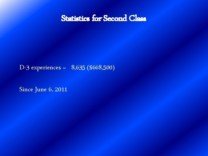 Statistics for Second Class D-3 experiences = 8, 635 ($668, 500) Since June 6,