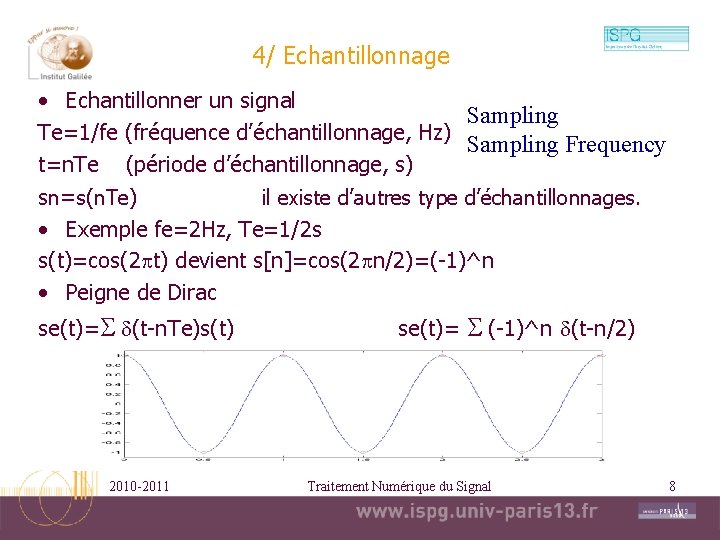 4/ Echantillonnage • Echantillonner un signal Sampling Te=1/fe (fréquence d’échantillonnage, Hz) Sampling Frequency t=n. 4/ Echantillonnage • Echantillonner un signal Sampling Te=1/fe (fréquence d’échantillonnage, Hz) Sampling Frequency t=n.