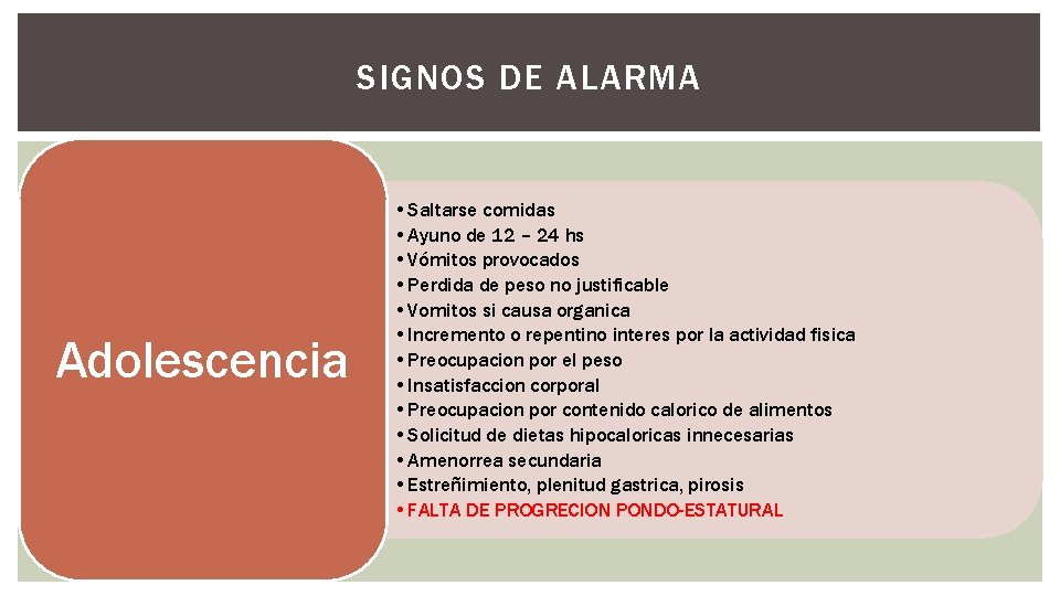 SIGNOS DE ALARMA Adolescencia • Saltarse comidas • Ayuno de 12 – 24 hs