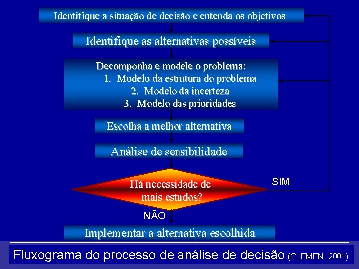 Identifique a situação de decisão e entenda os objetivos Identifique as alternativas possíveis Decomponha