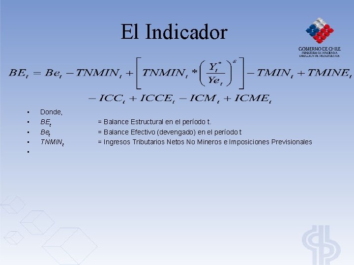 El Indicador • • • Donde, BEt Bet TNMINt = Balance Estructural en el El Indicador • • • Donde, BEt Bet TNMINt = Balance Estructural en el