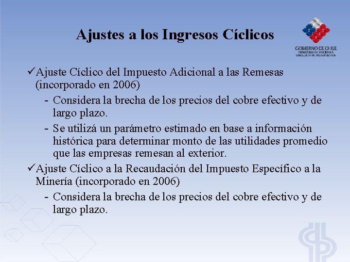 Ajustes a los Ingresos Cíclicos üAjuste Cíclico del Impuesto Adicional a las Remesas (incorporado Ajustes a los Ingresos Cíclicos üAjuste Cíclico del Impuesto Adicional a las Remesas (incorporado