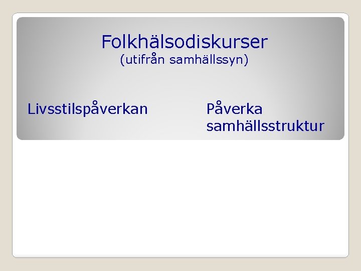 Folkhälsodiskurser (utifrån samhällssyn) Livsstilspåverkan Påverka samhällsstruktur 