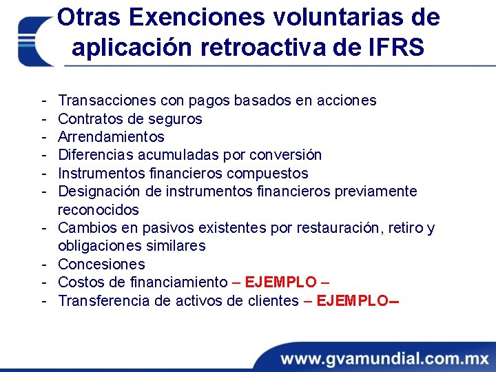 Otras Exenciones voluntarias de aplicación retroactiva de IFRS - Transacciones con pagos basados en Otras Exenciones voluntarias de aplicación retroactiva de IFRS - Transacciones con pagos basados en