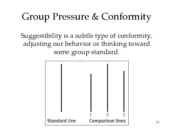 Group Pressure & Conformity Suggestibility is a subtle type of conformity, adjusting our behavior